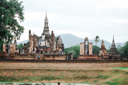 Sukhothai Historical Park in Thailand Sukhothai historical park. Buddhist temple ruins Wat Maha That or the Monastery of the Great Relicのeditorial素材