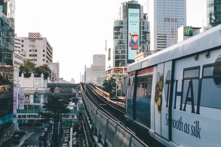 BANGKOK, THAILAND - JAN 5 : BTS Skytrain sits at a city center station, The Thai capital`s public transport rail network has a daily in Bangkok, Thailandのeditorial素材
