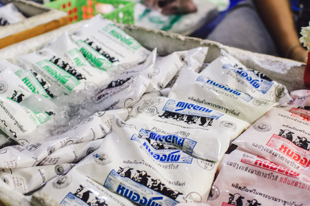 BANGKOK, THAILAND - January 23, 2020: Photo of Nongpho milk bag , sweet, strawberry flavored milk. Nongpho milk has nice creamy flavor in smooth texture, as nutritional dairy products in Thailand.のeditorial素材