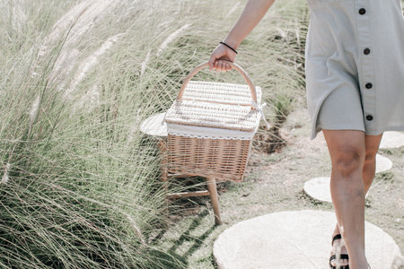 Woman walking in garden with picnic basket and gathering flower.の写真素材