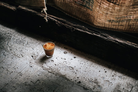 A cup of coffee on concrete floor near window vintage tone.Morning coffee cup.Hot drink glass helps...