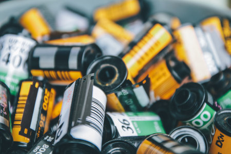 BANGKOK, THAILAND - MARCH 20, 2020: Some various brand of used film rolls in wood box, seems to be obsoleted since digital camera has come into market but still be favorite in some group.のeditorial素材