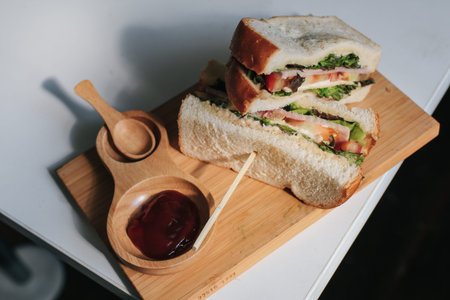 Close-up homemade ham,cheese,bacon, tomatoes, lettuce, cucumbers and onions with tomato sauce or...