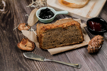 Close up Homemade delicious freshly baked classic sweet banana bread sliced with...