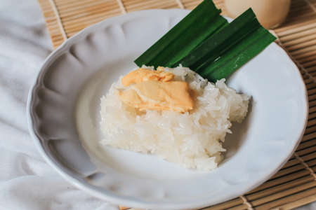 Thai sweet sticky rice with durian,glutinous rice eat with coconut milk durian creamy sauce is a delicious sweet thai food on table.One of most famous Thai dessert in summerの写真素材