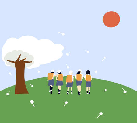 Back to school after COVID-19 quarantine.Group of happy elementary school students with backpacks walking in park on the way to school. In Autumn day.のイラスト素材
