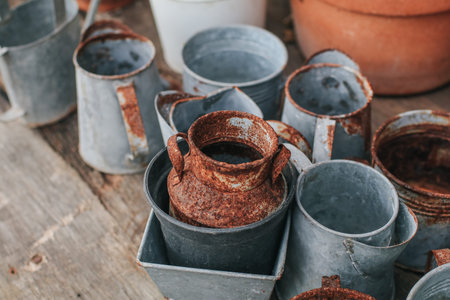 Old rustic metal silver pot and and brown-orange clay pot on a black wooden table outdoor in garden...