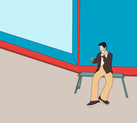 Men lowered a medical mask on his chin for drink coffee sits and chill on street after quarantine.Trendy person covering face protection from virusのイラスト素材