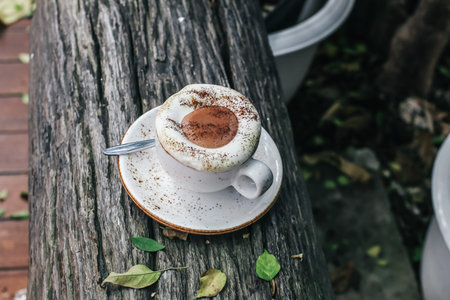 Hot chocolate or coffee with foam milk in white cup on Timber and green leave Background blurry...