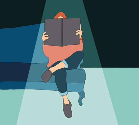 Woman with literature in hands sitting on cozy armchair at home. Reading books hobby. Young lady reading a book or magazine, pop art retro in high contrast shading.のイラスト素材