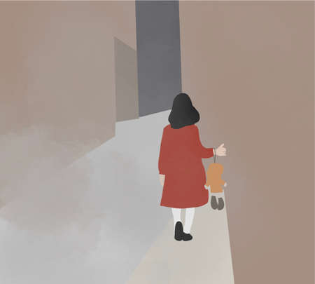 Mysterious girl in red dress with spooky yellow doll walk away into a thick white mist in city of night horror holiday halloween.のイラスト素材