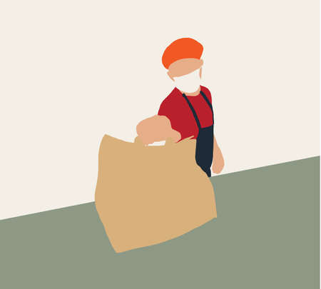 Man wearing face mask serving customer at counter in restaurant offering recycled paper bag with take away food to online client. Service quarantine pandemic coronavirus virus flu 2019-ncov conceptのイラスト素材