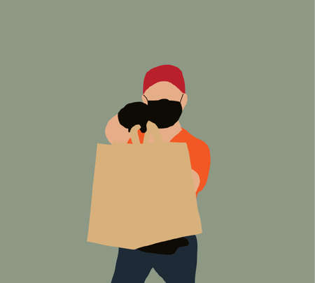 Delivery man wears face mask and hand gloves is carrying diverse of paper containers for takeaway food. The concept of service delivery. Advertising space. Copy of the space.のイラスト素材