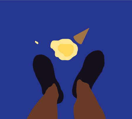 Vanilla milk ice cream cone fallen on street floor and melt on ground in front of black people feet.のイラスト素材
