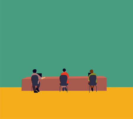 People keeping distance in office. New normal is social distancing and wearing mask. Lifestyle after pandemic covid-19 corona virus.のイラスト素材