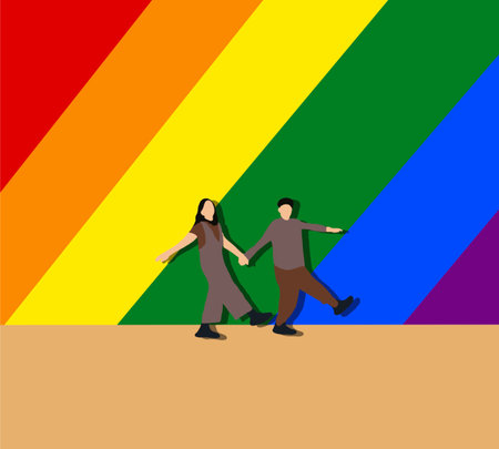 Couple of gay woman holding hands on rainbow background. Lgbt, same-sex relationships and homosexual...
