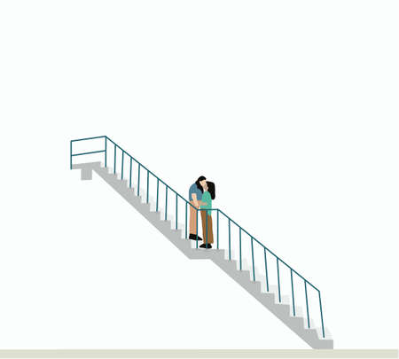 Two beautiful and happy girls standing and kissing on the stairs. Lesbian Couple Together outdoors. together. love. dreams. Couple hugging, relations happiness. Conceptのイラスト素材