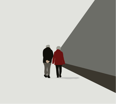 Senior couple walking together in the street. Wonderful day for a walk. Elderly couple outdoors, concept for old age, social issues, retired and limping manのイラスト素材