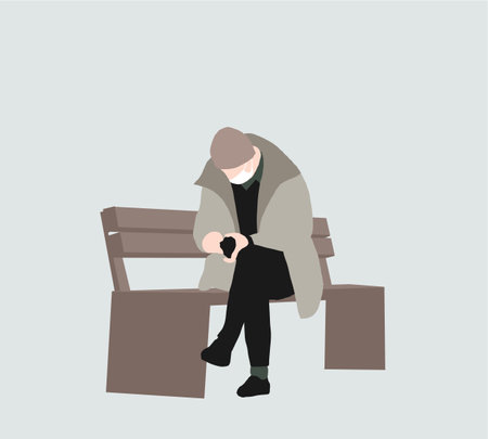Man in face mask searching money in his purse during COVID-19 lockdown. Unemployed and bankrupt looks into his empty wallet. Stress crisis, recession situation and hopelessness crisis concept.のイラスト素材