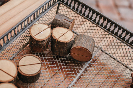 Mini wooden logs decoration for holiday "Merry Christmas and happy new year" .Winter decoration concept.の写真素材