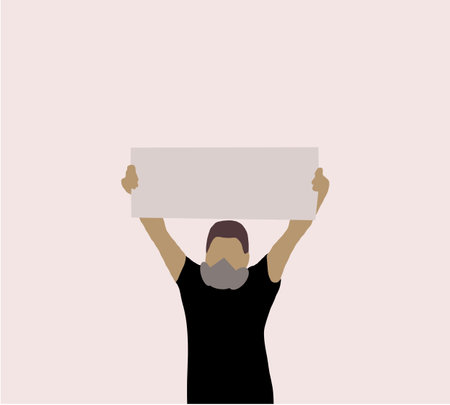The man with empty posters in his hands with place for text, . Protestor, protest, demonstration, riot, political rally, right. Design for web banner, infographic, website.のイラスト素材