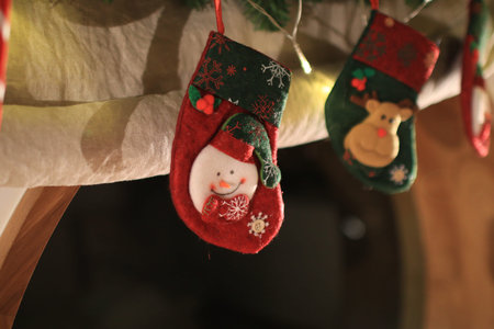 Red and green Christmas sock hanging on Christmas tree branch. Funny Christmas and New Year at home...