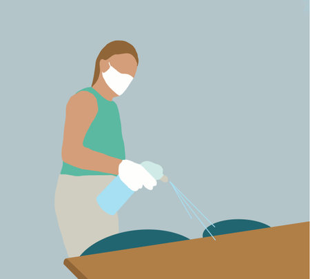 Waitress wear face mask cleanning  table surface with disinfectant spray bottle washing surfaces with towel and gloves. New normal hygiene restaurant concept.のイラスト素材