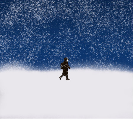 Man with face mask walking in a heavy snowfall. Snow, chaos and streets cut off in the middle of Covid-19 pandemic. Winter concept.Hiker walking through the snow, a storm coming.のイラスト素材