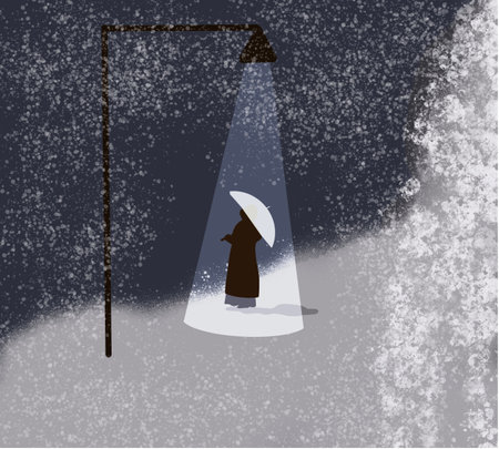 Girl with umbrella walking in snow storm watching falling snow in the village. Snow calamity and cold weather concept.のイラスト素材