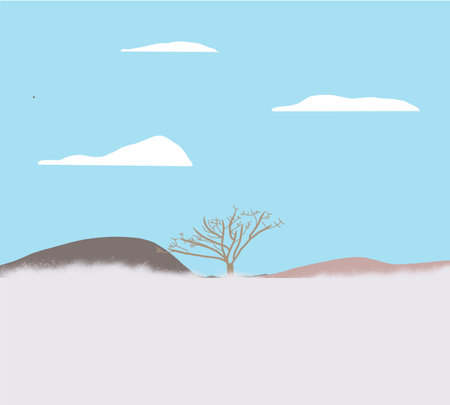 Lonely tree is standing isolted on a field with snow during the winter season. Beautiful white winter. Blue sky.のイラスト素材