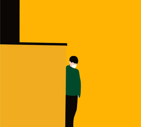 Young man wearing a protective mask, walking in the city .Prevention of bacterial infection Corona virus or Covid-19 in the air around. Diseases, viruses, allergies, air pollution concept.のイラスト素材