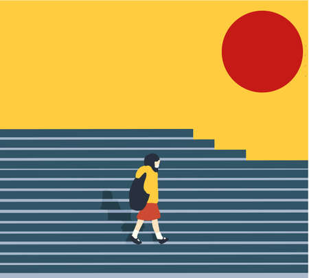 Female student wearing protective face mask walking around college during pandemic. University background. New normal lifestyle concept.のイラスト素材