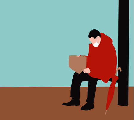 Old man takes break after walking, reads newspaper, wears medical mask to protect himself from viruses, finds out news about spreading coronavirus on street.のイラスト素材