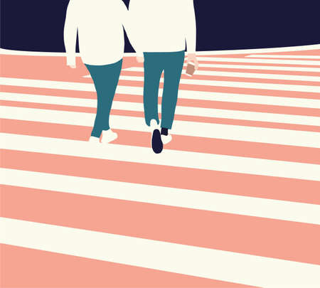 Gay couple holding hands on street. Two lovers hugging and having a walk outdoors in high contrast color.のイラスト素材