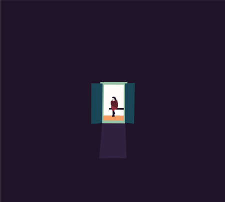 Girl in medical masks, sitting in a queue, and waiting for a doctor's appointment in the hospital. Vector illustrationのイラスト素材