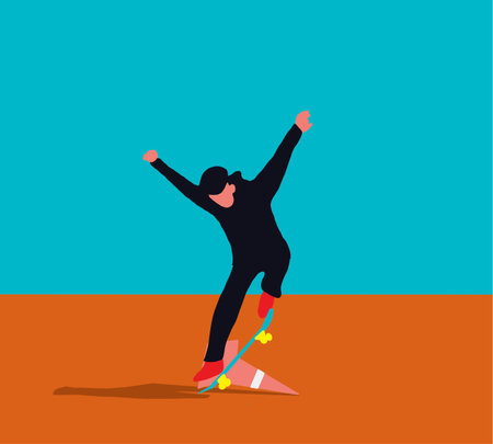 Teenager skateboarder does an ollie trick. Guys in casual clothes skateboarding and showing exciting tricks flat style design. City landscape on background. Extreme sport conceptのイラスト素材