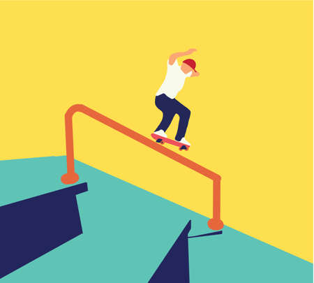 Teenager skateboarder does an ollie trick. Guys in casual clothes skateboarding and showing exciting tricks flat style design. City landscape on background. Extreme sport conceptのイラスト素材