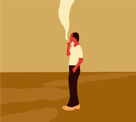 Man smoking with mask during pandemic coughing and smoking a cigarette at the street. Smoking causes lung cancer and other diseases. The dangers of smoking.のイラスト素材