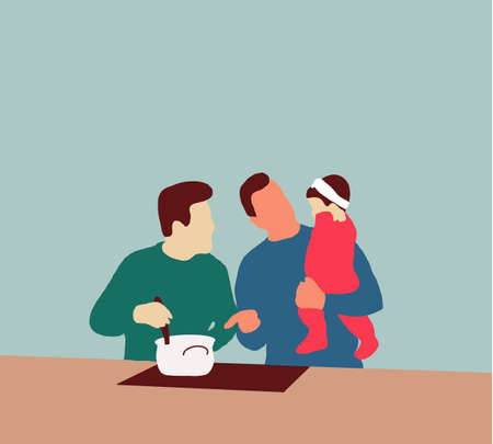 Young  family at home. Couple with their adopted cute daughters cooking on kitchen. Marriage and  relationship concept.のイラスト素材