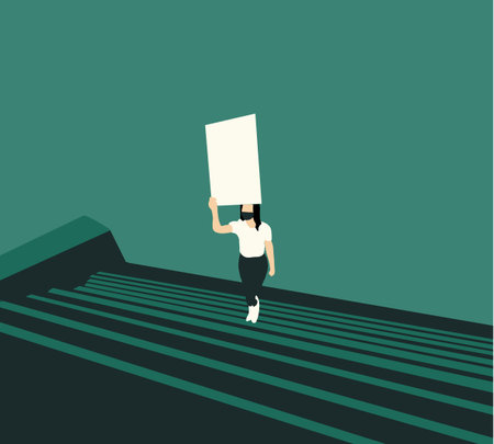 Woman walk on the stair holding blank posters to protest,uprising or strike in city street.Activism...