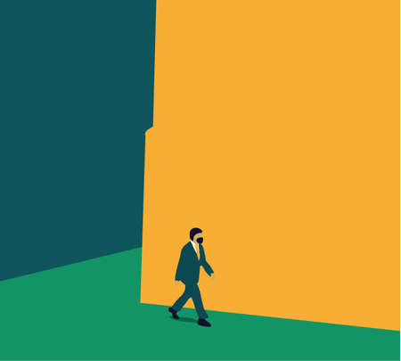 Businessman wears protective medical mask, walks in city street going to work. Health and safety life from and pandemic. High contrast color.のイラスト素材