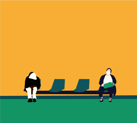 People with mask waiting bus at bus station during lockdown in downtown of the city - poverty and unemployment emergencyのイラスト素材