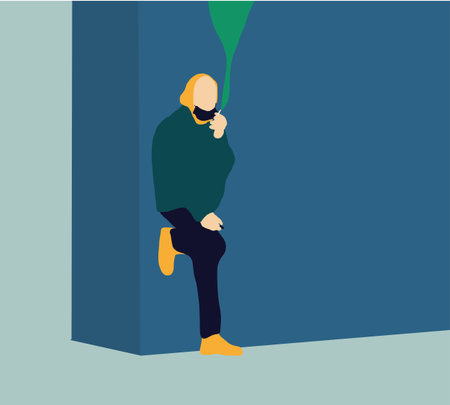 Man smoking with mask during pandemic coughing and smoking a cigarette at the street. Smoking causes...