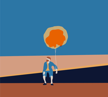 Balloon seller with protective mask in the quite street. crisis, pandemic impact all business
