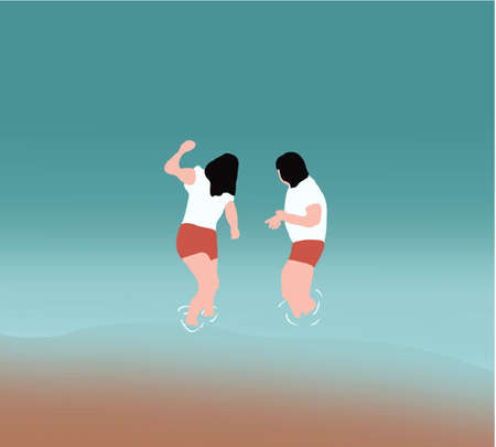 Two young happy women enjoy in sea waves at tropical beach during summer vacation. Ocean at background.のイラスト素材