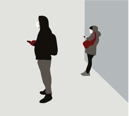 People use smartphone outdoor with face mask on the street in city vector illustration. Concept of social distancing and health careのイラスト素材