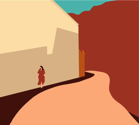 Woman in a red dress is walking around the city. Woman relaxing outdoor. Girl going on the road.のイラスト素材