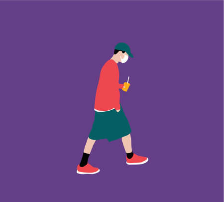 Man with medical face mask holding coffee in hands. Trendy person covering face protection from virus. Vector illustration in cartoon styleのイラスト素材