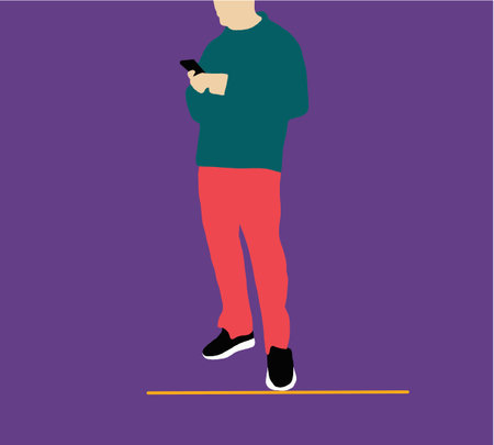 Young man is holding a smartphone. Communication in the network. Vector illustration in cartoon...