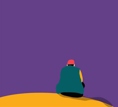 Man sitting in street, back view. Guy having rest at city street at square.のイラスト素材